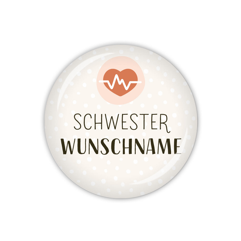 Button PFLEGEHELDEN Schwester mit Herz/EKG-Kurve & Wunschname