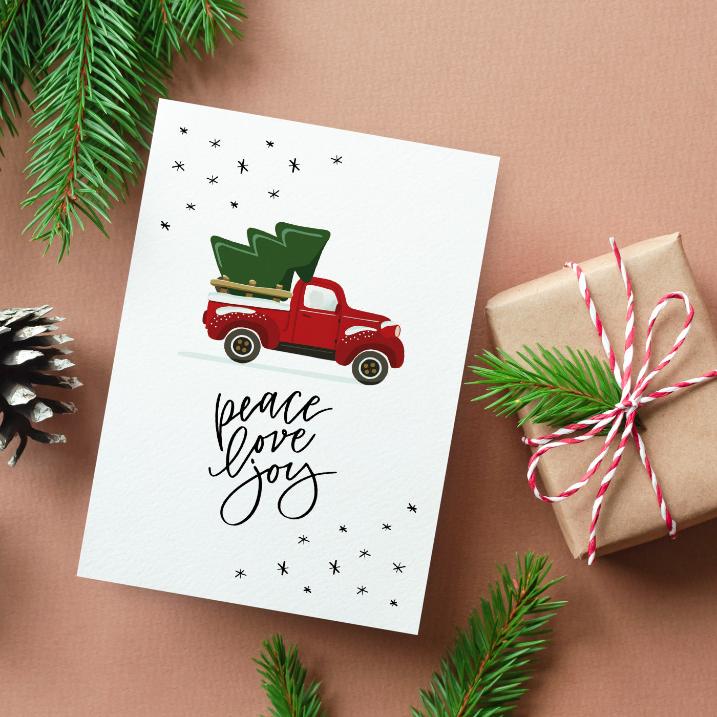 Weihnachtskarte PEACE LOVE JOY Truck & Tree